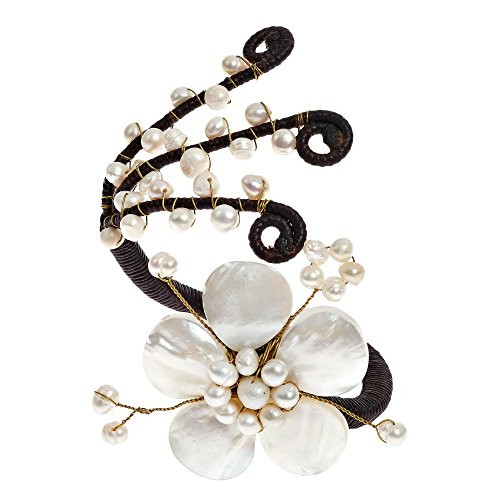 AeraVida Blooming White Flower and Cultured Freshwater Pearl Embellishment Chic Cuff Bracelet AeraVida Blooming White Flower and Cultured Freshwater Pearl Embellishment Chic Cuff Bracelet