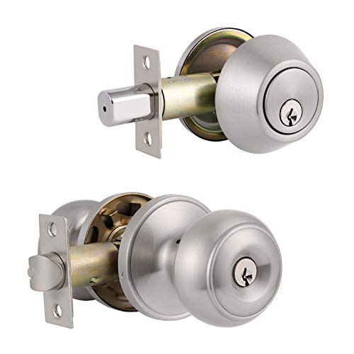 Probrico Keyed Alike Round Ball Entry Door Knob and Single Cylinder Deadbolt Set  Satin Nickel  1Pack