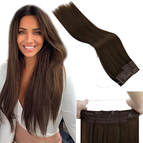 JoYoung Halo Hair Extensions Human Hair Dark Brown 4 Real Human Hair Halo Extensions for Women Halo Brown Hair Extensions 80gram 12inch