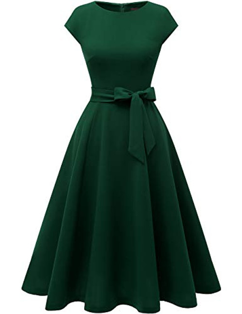 DRESSTELLS Women s Prom Tea Dress Vintage Swing Cocktail Party Dress with Cap Sleeves DarkGreen L