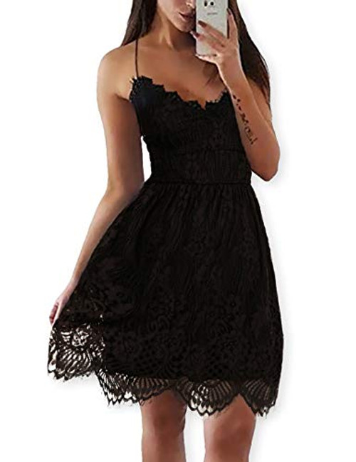 AOOKSMERY Women Summer V Neck Spaghetti Straps Lace Backless Mini Party Club Beach Dresses  Black  Medium