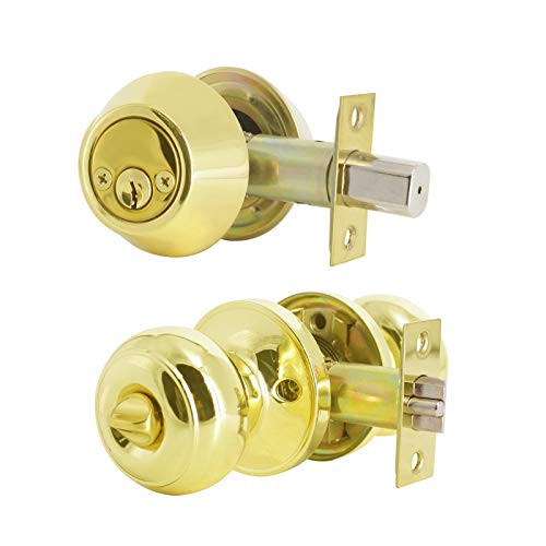1 Pack  Keyed Alike Entry Door Knob with Double Cylinder Deadbolt Lock Combo Set for Entrance and Front Door Lock with Polished Brass Finish Combo Pack Door Lock with Key