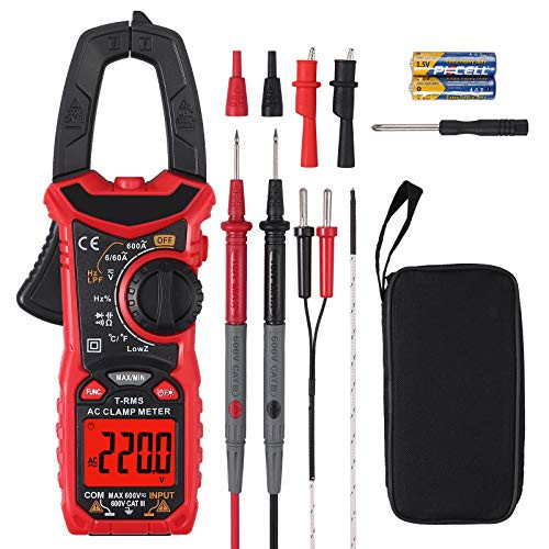 CAMWAY Digital Clamp Meter TRMS 600A AC Current AC DC Voltage 6000counts with LOWZ  LPF Function Test NCV Continuity Capacitance Resistance Frequency Diode Hz Temperature Tester