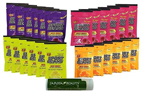 Jelly Belly Sport Beans Variety Pack 1 Oz  28g    Pack of 24   Berry  Fruit Punch  Lemon Lime   Orange  6 Packs of Each Flavor  Naturally Flavored with Jarosa Bee Organic Peppermint Lip Balm  Boxed