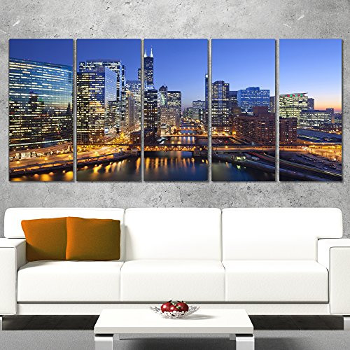 Designart PT10104-401 Chicago River with Bridges At Sunset - Cityscape Canvas Print (5 Piece), 60" x 28" Designart PT10104-401 Chicago River with Bridges At Sunset - Cityscape Canvas Print (5 Piece), 60" x 28"