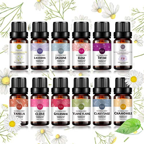 RAINBOW ABBY Top 12 Flower Essential Oil Set  100 Pure Oils  Rose Jasmine Vanilla Lavender Chamomile Clary Sage Ylang Ylang Geranium Clove Freesia White Musk Thyme