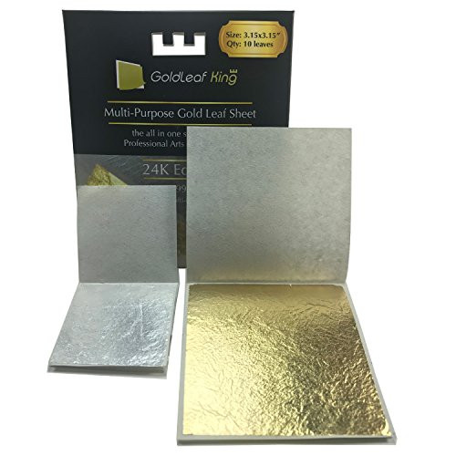 Goldleafking Large 10 x 24K Edible Gold Leaf Sheets 3.15 x 3.15 inches for Cooking, Cake & Chocolate, Arts, Food Decoration, Golden Chicken, Gilding, Multi-Purpose + Free Silver Leaf x 10