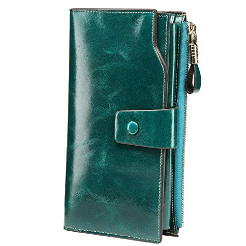 Itslife Women s RFID Blocking Large Capacity Luxury Wax Genuine Leather Clutch Wallet Card Holder Ladies Purse Green RFID Blocking