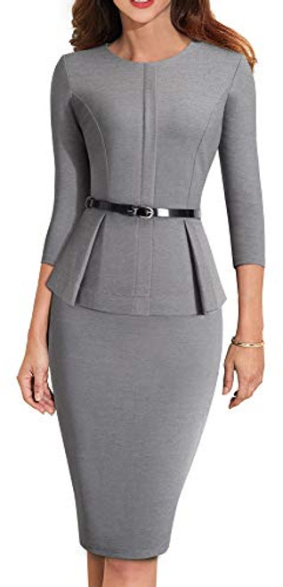 HOMEYEE Women s 3 4 Sleeve Office Wear Peplum Dress with Belt B473 4 Gray