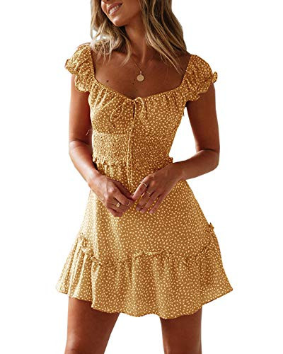 Valphsio Womens Smocked Dress Ruffle Floral Tie Front Boho Short Dresses  Medium  Yellow