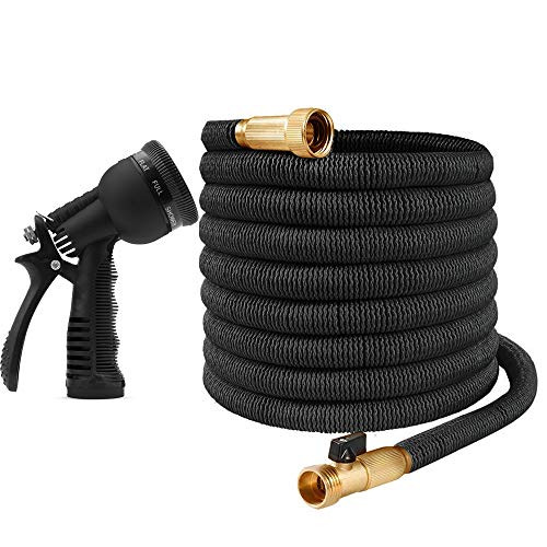 Ovareo Garden Hose  Flexible and Expandable Garden Hoses  Heavy Duty Triple Latex Core with 3 4  Solid Brass Fittings  8 Function Hose Spray Nozzle  Easy Storage Kink Free Water Hose  100 FT  Black