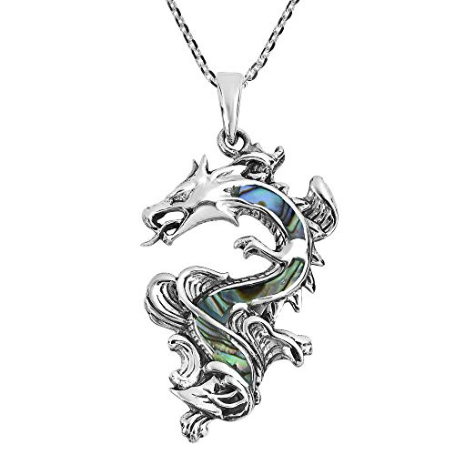 AeraVida Legendary Chinese Dragon Abalone Shell Inlaid  925 Sterling Silver Pendant Necklace