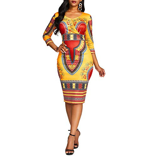 VERWIN Mid Calf V Neck Three Quarter Sleeve Print Women s Bodycon Dress African Midi Dress L