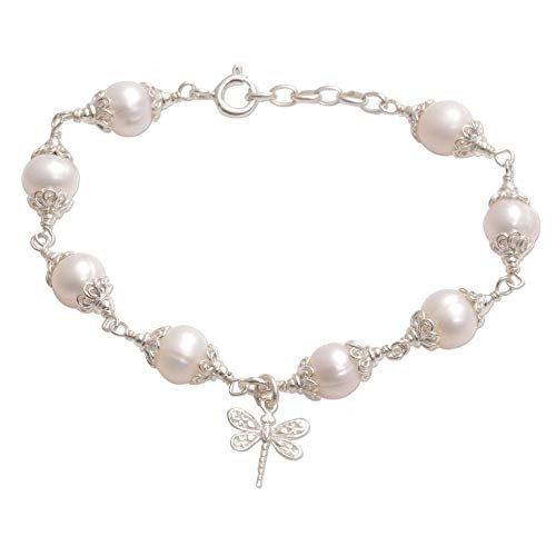 NOVICA Multi Gem PEARL Cultured Silver White Cultured Freshwater Pearl 925 Silver Charm Bracelet NOVICA Multi Gem PEARL Cultured Silver White Cultured Freshwater Pearl 925 Silver Charm Bracelet