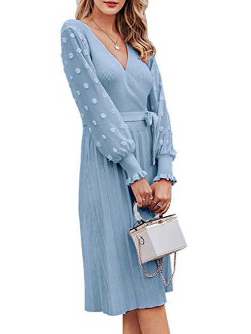 Miessial Women s Elegant V Neck Sweater Dress Long Sleeve Pleated Knitted Midi Dress with Belt  8 10  Blue