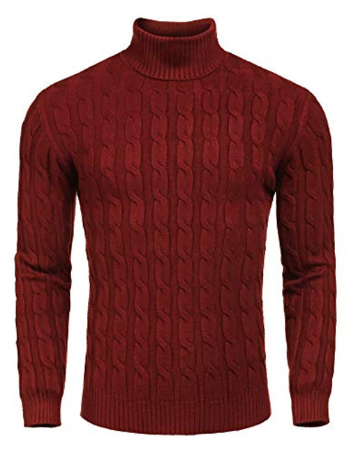 COOFANDY Men s Slim Fit Turtleneck Sweater Casual Twisted Knitted Pullover Sweaters  XX Large  Wine Red