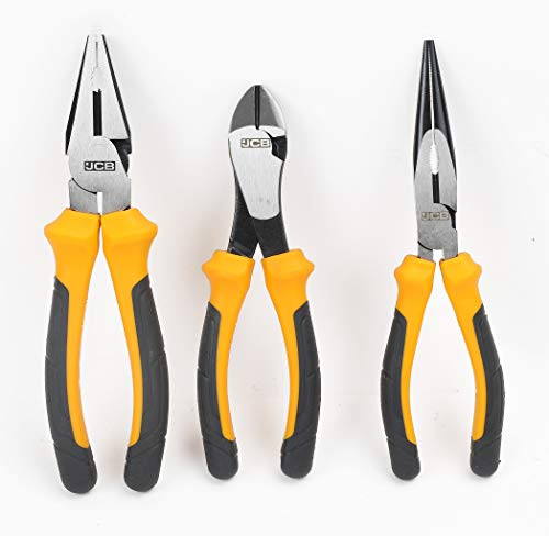 JCB Plier Tool Set   3 Piece Tool Set Including Linesman  Long Nose   Diagonal Cutting Pliers  Hardened Edges For Precision Pliers  Soft Grip For Safety  JCB 3PC PL