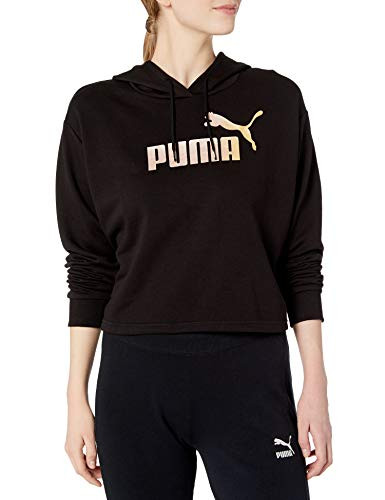 PUMA Women s Relaxed fit Essentials  Metallic Cropped Hoodie  Black Rose Gold  L