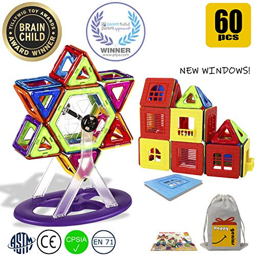 HAPPY GENIUS Magnetic Blocks Beyond Magnetic Tiles Learning Set Combines Magnetic Building Blocks & Educational Items for Kids Preschoolers Teens Great 3D Stem Toy - 60 PCS & Premium Storage Bag