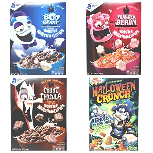 Halloween Breakfast Cereal Variety Pack   Count Chocula  Frankenberry  Boo Berry  Halloween Captain Crunch   4 Boxes Total   1 Box of Each