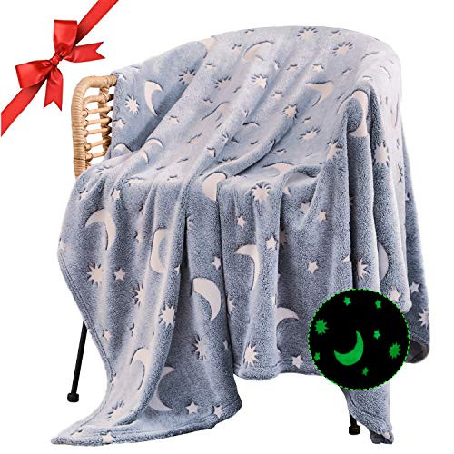 Glow in The Dark Throw Blanket  Cozy Fleece Throw Blanket with Star Moon  Soft Flannel Grey Throw Blanket for Couch Bed in All Seasons  Best Fun Gift for Women  Men  Kid  60  x 80   Grey
