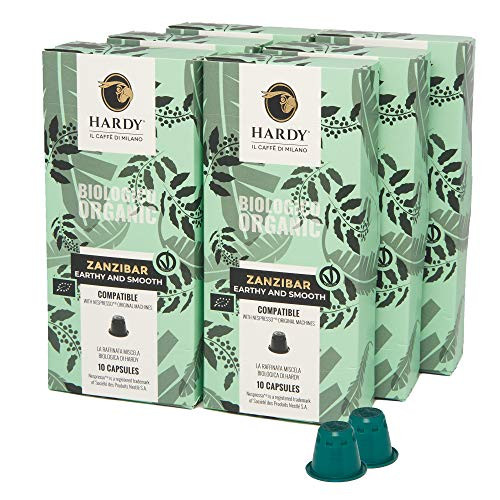 Caffe Hardy Italy Espresso Capsules  Single Variety  60 Single Cup Coffee Pods Compatible with Nespresso Original Machines  Organic Zanzibar   Dark
