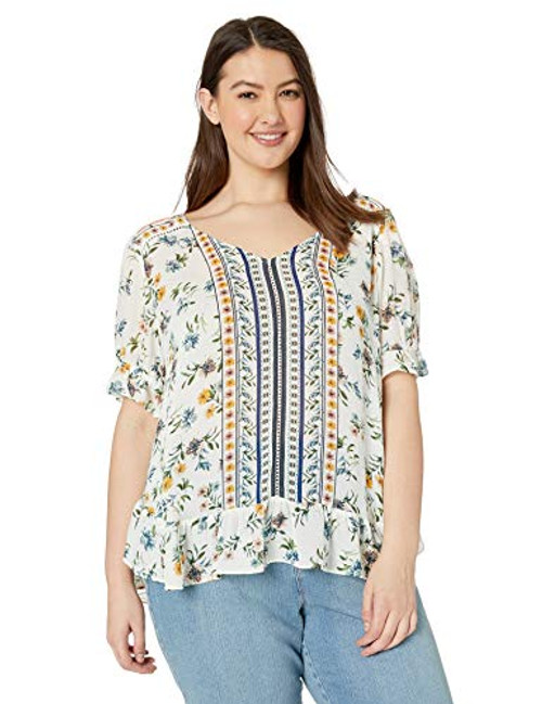 Lucky Brand Women s Plus Size Border Print Ruffle Sleeve TOP  Multi  2X