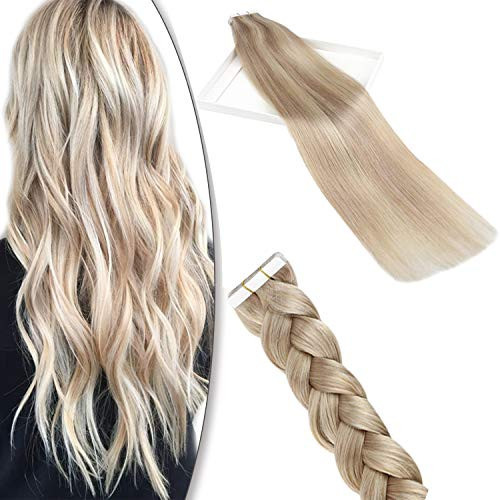 YoungSee Tape in Hair Extensions Blonde Highlights Human Hair 14 Inch 20pcs 50gram Ash Blonde with Bleach Blonde Tape in Extensions Real Remy Hair