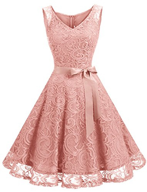 Dressystar 0010 Women Floral Lace Bridesmaid Party Dress Short Prom Dress V Neck Blush XXXL