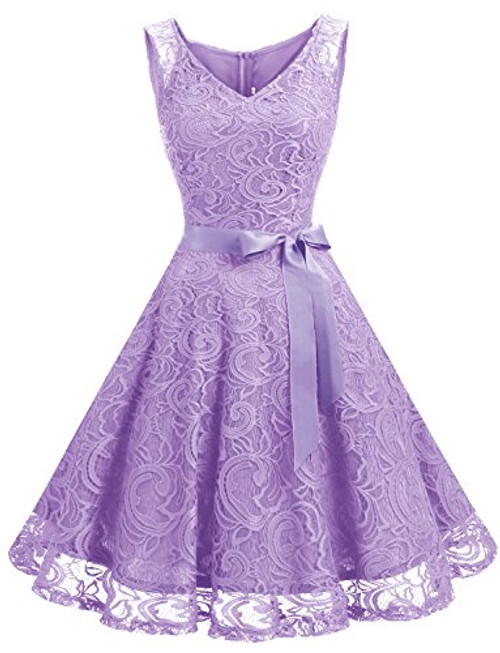 Dressystar 0010 Women Floral Lace Bridesmaid Party Dress Short Prom Dress V Neck Lavender M