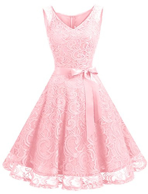 Dressystar 0010 Women Floral Lace Bridesmaid Party Dress Short Prom Dress V Neck Pink XS