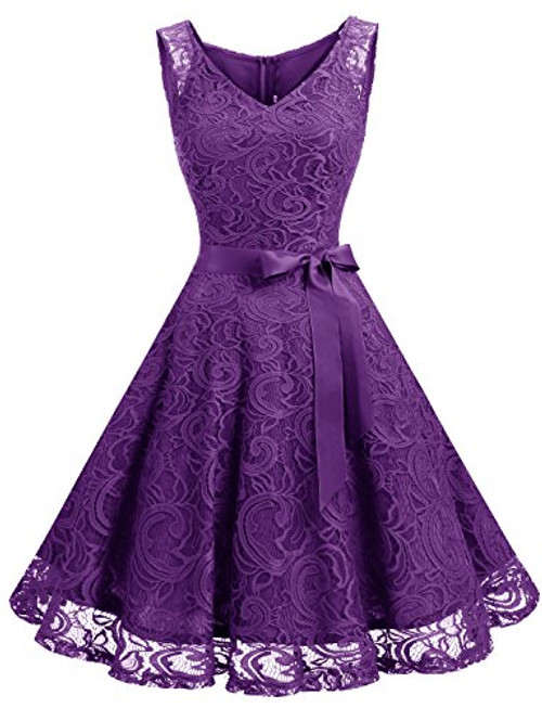 Dressystar 0010 Women Floral Lace Bridesmaid Party Dress Short Prom Dress V Neck Purple S