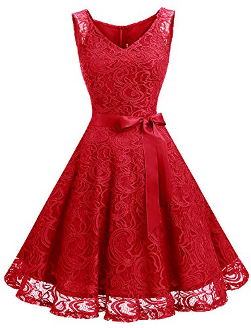 Dressystar 0010 Women Floral Lace Bridesmaid Party Dress Short Prom Dress V Neck Red L