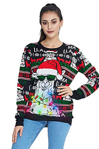 Women Men s Light Up Ugly Christmas Sweater Black Knitted Pullover Funny Christmas Santa Alpaca Glass Llama Snowflake Xmas Sweater Jumper for Holiday Party