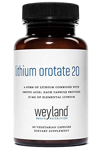 Weyland Brain Nutrition  Lithium Orotate 20mg  1 Bottle   60 Vegetarian Capsules  Lithium Supplement Supports Healthy Mood  Behavior  Memory and Wellness