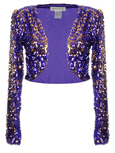Anna Kaci Womens Glitter Sequins Shiny Long Sleeve Cropped Bolero Blazers Shrugs  Purple  Medium