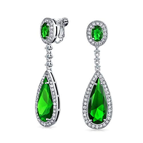 Green Teardrop Cubic Zirconia Dangle Prom Pageant Statement Screw Clip On Earrings Simulated Emerald Silver Plated Brass