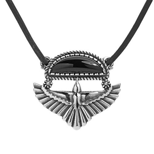 American West Sterling Silver Black Agate Eagle Wings Pendant Brown Leather Cord Necklace 22 Inch