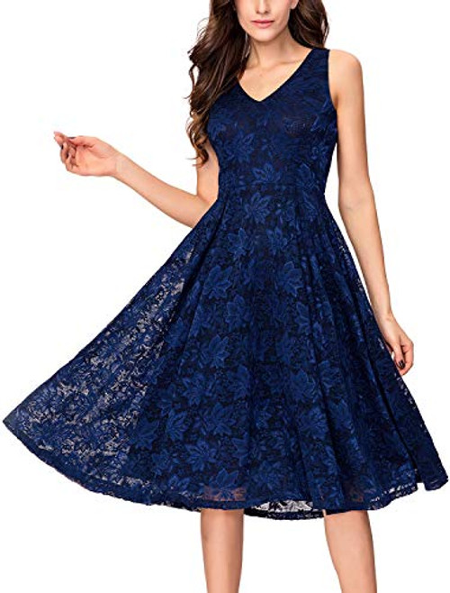 Noctflos Women s Plus Size Elegant Lace Fit   Flare Midi Cocktail Dress for Party Wedding Navy Blue