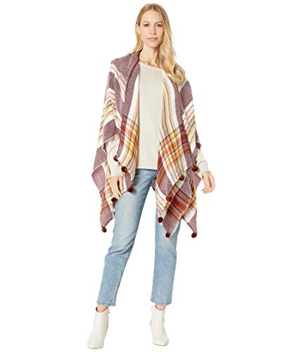 Steve Madden Women s Pom Plaid Ruana  Brick  One Size