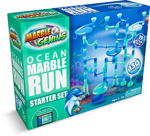 Marble Genius Marble Run Ocean Starter Set   130 Complete Pieces   Free Instruction App  80 Translucent Marbulous Pieces   50 Glass Marbles