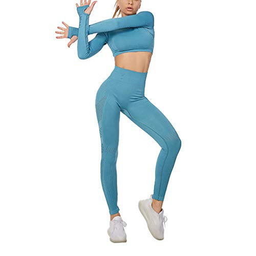 Women s 2 Piece Yoga Legging and Long Sleeve Crop Top Tracksuit Workout Outfits Seamless High Waist Gym Activewear Set  Blue  S