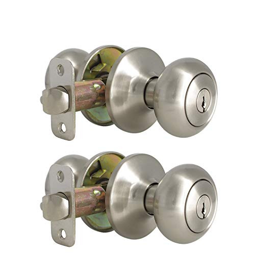 Probrico  2 Pack  Satin Nickel Keyed Entry Locksets  Keyed Alike Door Knobs for Interior Exterior Door  Modern Entrance Locks for Bedroom Front Door Office