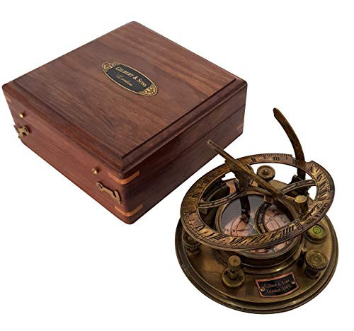 Antique Nautical Big Brass Sundial Compass Gilbert   Sons Retro Wooden Collectible Box