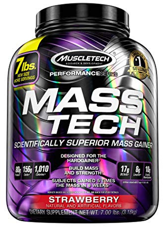 MuscleTech Mass Tech Whey Protein Powder   Max Protein Mass Gainer   Creatine Monohydrate for Muscle Size   Strength   80g of Protein  10g of Creatine  17g of BCAAs   Strawberry  7 Pounds