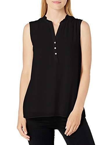 Calvin Klein Women s Sleeveless Ruffle Neck Top with Buttons  Black  X Large