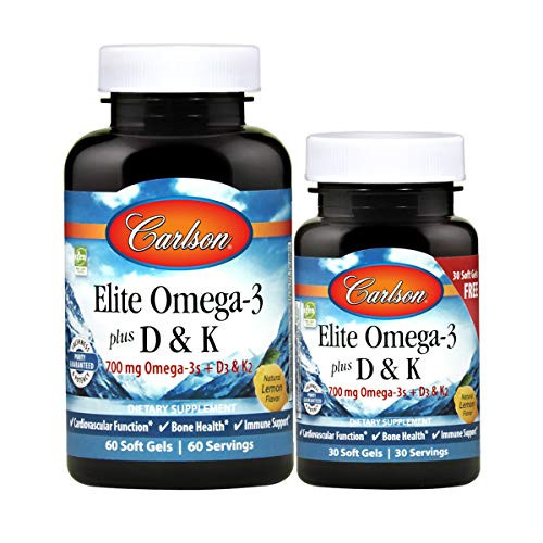 Carlson   Elite Omega 3 Plus D   K  700 mg Omega 3s   D3   K2  Cardiovascular Function  Bone Health   Immune Support  Lemon  60 30 Softgels