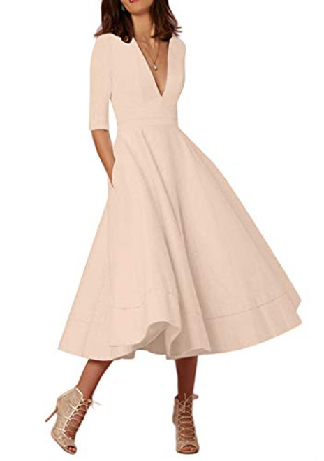 BOFETA Women s Half Sleeve Fashion Dress Vintage Cocktail Dress Apricot L