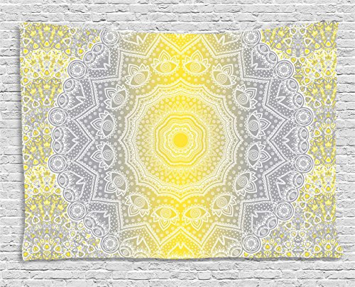 Ambesonne Grey and Yellow Tapestry, Mandala Ombre Old Boho Pattern with Spiral Round Floral Print, Wall Hanging for Bedroom Living Room Dorm, 60 W X 40 L Inches, Yellow Grey