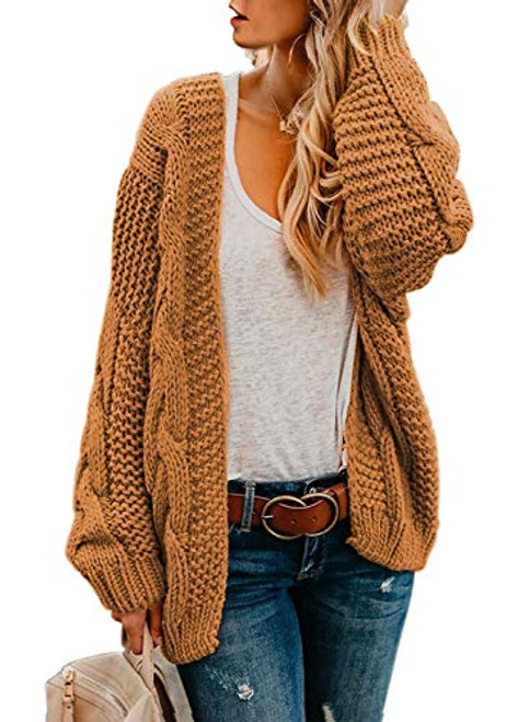 Astylish Womens Sweater Ladies Winter Warm Cozy Open Front Long Sleeve Chunky Knit Casual Cardigan Sweater Outwear Coat X Large Size 16 18 Yellow Brown